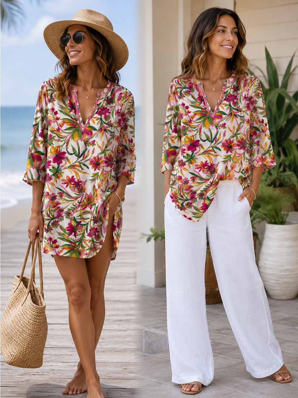J. Crew Tropical Floral V-Neck Tunic in Pink and Green